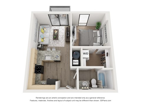 a 1 bedroom floor plan with a bathroom and a living room